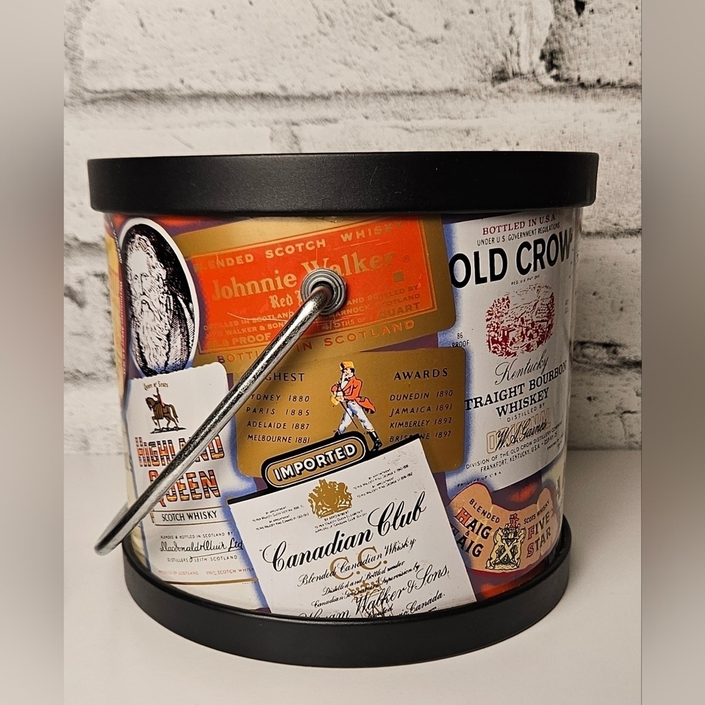 Vintage Whisky Label Ice Bucket w/ Tongs | Retro Barware Bar Cart Decor - Picture 11 of 12